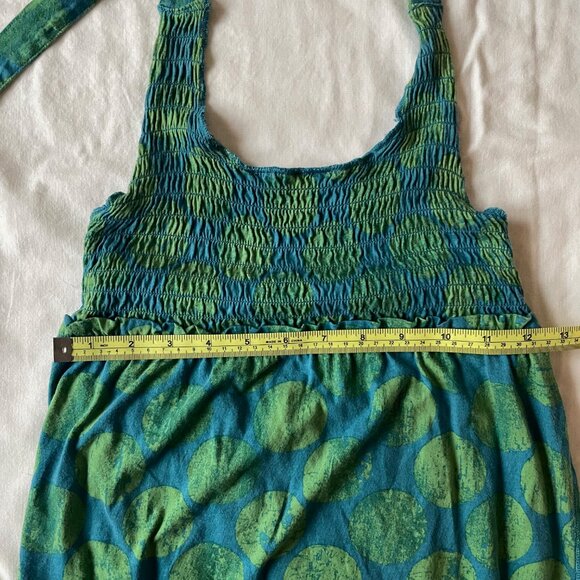 Green and Blue Polka Dot Halter Dress with Shirring Top and Ruffle Detailing - Picture 12 of 12